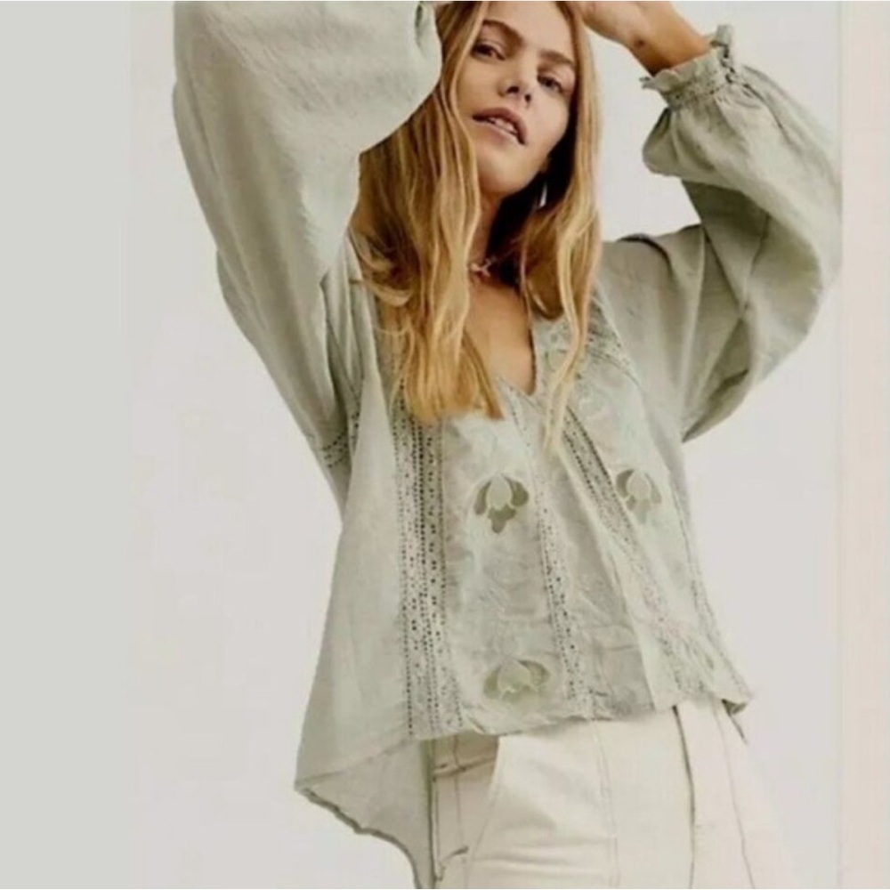 Free People Sage Green Embroidered Peasant Blouse